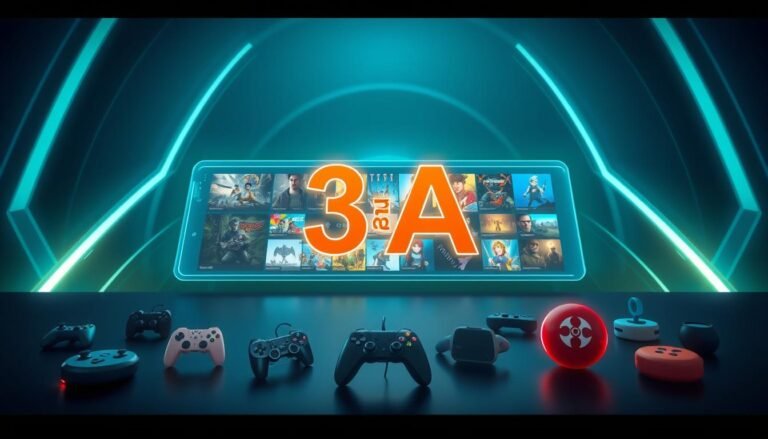 A detailed and artistic illustration of the "3A" game categorization system, showcasing various game genres like action, adventure, role-playing, and simulation. In the foreground, visually distinct gaming icons or symbols represent each genre, elegantly laid out in a circular formation. The middle ground features a sleek, modern digital interface displaying vibrant thumbnails of popular games under each category, with a subtle glow effect to attract attention. The background is a minimalist tech-inspired design with soft gradients of blue and green, giving an immersive feel of a digital environment. The mood is engaging and informative, enhanced by soft ambient lighting that creates depth and draws focus to the game categories, ideal for conveying the essence of video gaming classification in a professional context.