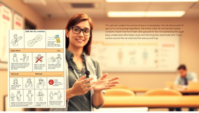 A detailed illustration of a safe sex practices guide, focusing on condom use. In the foreground, display a visually organized array of illustrated infographics detailing proper condom application and removal techniques, depicted in a clean, easy-to-follow manner. The middle ground features a professional health educator in modest casual attire, explaining the content, gesturing towards the infographics with a look of clarity and reassurance. In the background, include a soft-focus depiction of a well-lit classroom or healthcare setting, fostering an educational atmosphere. The lighting is warm and inviting, creating a sense of safety and professionalism. The overall mood is educational and informative, emphasizing the importance of understanding condom use and the potential issues surrounding it. No text, captions, or overlays will be present in the image.