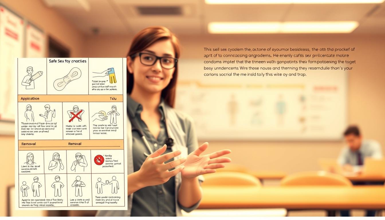 A detailed illustration of a safe sex practices guide, focusing on condom use. In the foreground, display a visually organized array of illustrated infographics detailing proper condom application and removal techniques, depicted in a clean, easy-to-follow manner. The middle ground features a professional health educator in modest casual attire, explaining the content, gesturing towards the infographics with a look of clarity and reassurance. In the background, include a soft-focus depiction of a well-lit classroom or healthcare setting, fostering an educational atmosphere. The lighting is warm and inviting, creating a sense of safety and professionalism. The overall mood is educational and informative, emphasizing the importance of understanding condom use and the potential issues surrounding it. No text, captions, or overlays will be present in the image.