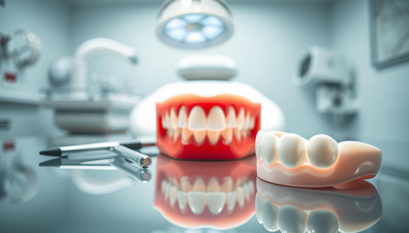 A vibrant close-up image showcasing dental veneers, artfully arranged on a reflective surface. In the foreground, highlight a set of pristine dental veneers, illustrating their smooth texture and glossy finish, with light glimmering off their surface. The middle ground features a pair of perfectly aligned, bright white teeth, emphasizing the transformation they undergo with the use of veneers. In the background, subtly blurred, there are hints of dental tools and a bright, clean dental office setting to create a professional atmosphere. Soft, natural lighting enhances the details, casting gentle shadows that add depth to the image. The overall mood should convey a sense of sophistication and confidence in dental beauty.