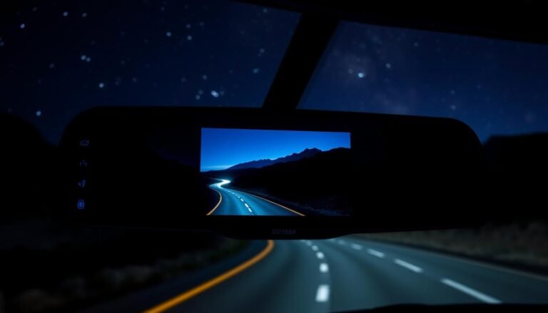 A close-up view of a modern electronic rearview mirror showcasing its advanced night vision capabilities. The foreground features the mirror's sleek design with illuminated touch controls, reflecting a dark and winding mountain road devoid of streetlights. In the middle ground, a digital display shows vibrant details of the road behind, highlighting clarity and depth perception in low light. The background is a deep, starry night sky with silhouettes of distant mountains, evoking a sense of adventure and safety in darkness. The lighting is dim but enhanced by the bright display of the mirror, creating a high-tech and sophisticated atmosphere. The composition focuses on the mirror's functionality while emphasizing its advantages for nighttime driving.