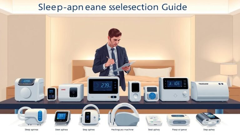 A detailed and informative illustration of a "sleep apnea machine selection guide." In the foreground, showcase a variety of modern sleep apnea machines displayed on a sleek table, highlighting their different designs and functionalities. In the middle, include a professional-looking individual, dressed in smart casual attire, examining a machine while taking notes, suggesting the importance of informed choice. The background should depict a calm and soothing bedroom setting with soft lighting, creating a tranquil atmosphere. Use a warm color palette to evoke comfort and reassurance. The scene should be captured from an angle that emphasizes the interaction between the individual and the machines, while maintaining a clean and organized look.