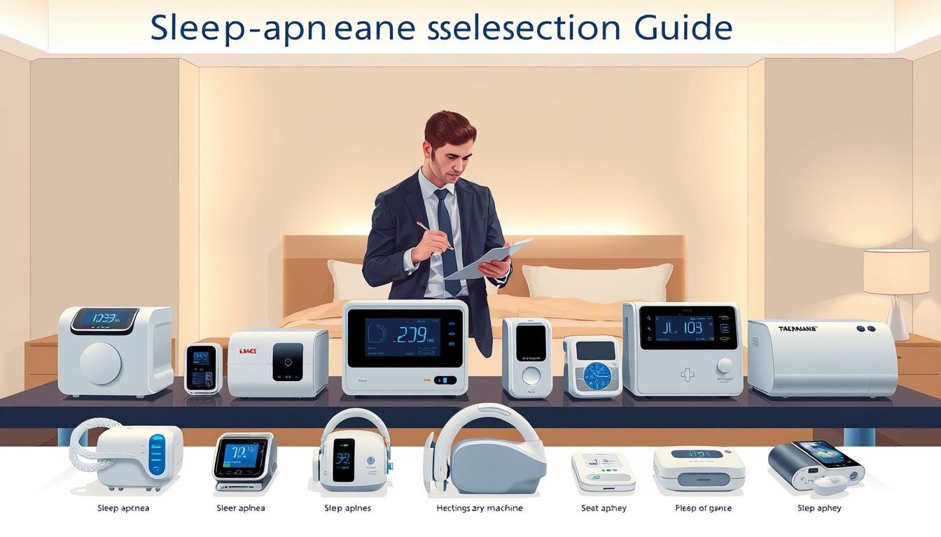 A detailed and informative illustration of a "sleep apnea machine selection guide." In the foreground, showcase a variety of modern sleep apnea machines displayed on a sleek table, highlighting their different designs and functionalities. In the middle, include a professional-looking individual, dressed in smart casual attire, examining a machine while taking notes, suggesting the importance of informed choice. The background should depict a calm and soothing bedroom setting with soft lighting, creating a tranquil atmosphere. Use a warm color palette to evoke comfort and reassurance. The scene should be captured from an angle that emphasizes the interaction between the individual and the machines, while maintaining a clean and organized look.