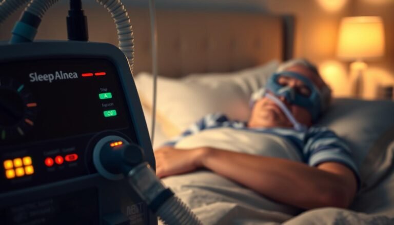 A detailed illustration of a sleep apnea machine in operation, showing a close-up of the device with tubing connected to a patient wearing a comfortable sleep mask. In the foreground, focus on the intricacies of the machine, with visible dials and indicators emitting soft LED lights. The middle layer should display the patient, a middle-aged individual in modest sleepwear, resting peacefully in a dimly lit bedroom. The background should feature a softly illuminated bedside table with calming decor, like a lamp casting warm light. The overall mood is serene and informative, emphasizing the technology's role in enhancing sleep quality. Use a shallow depth of field to highlight the device while keeping the background softly blurred, conveying a sense of tranquility and safety.