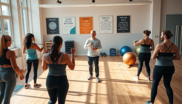 A dynamic and engaging rehabilitation training scene focusing on active recovery principles in physical therapy. In the foreground, a diverse group of individuals, dressed in professional activewear, are engaged in various rehabilitation exercises that emphasize proper body alignment and strength. In the middle ground, a knowledgeable physical therapist demonstrates an exercise, utilizing props like resistance bands and balance balls. The background features a bright, well-equipped rehabilitation studio adorned with motivational posters highlighting principles of active recovery. Soft, natural light pours in through large windows, casting gentle shadows and creating an uplifting atmosphere. The overall mood is one of positivity and determination, showcasing the journey toward recovery and proper body mechanics.