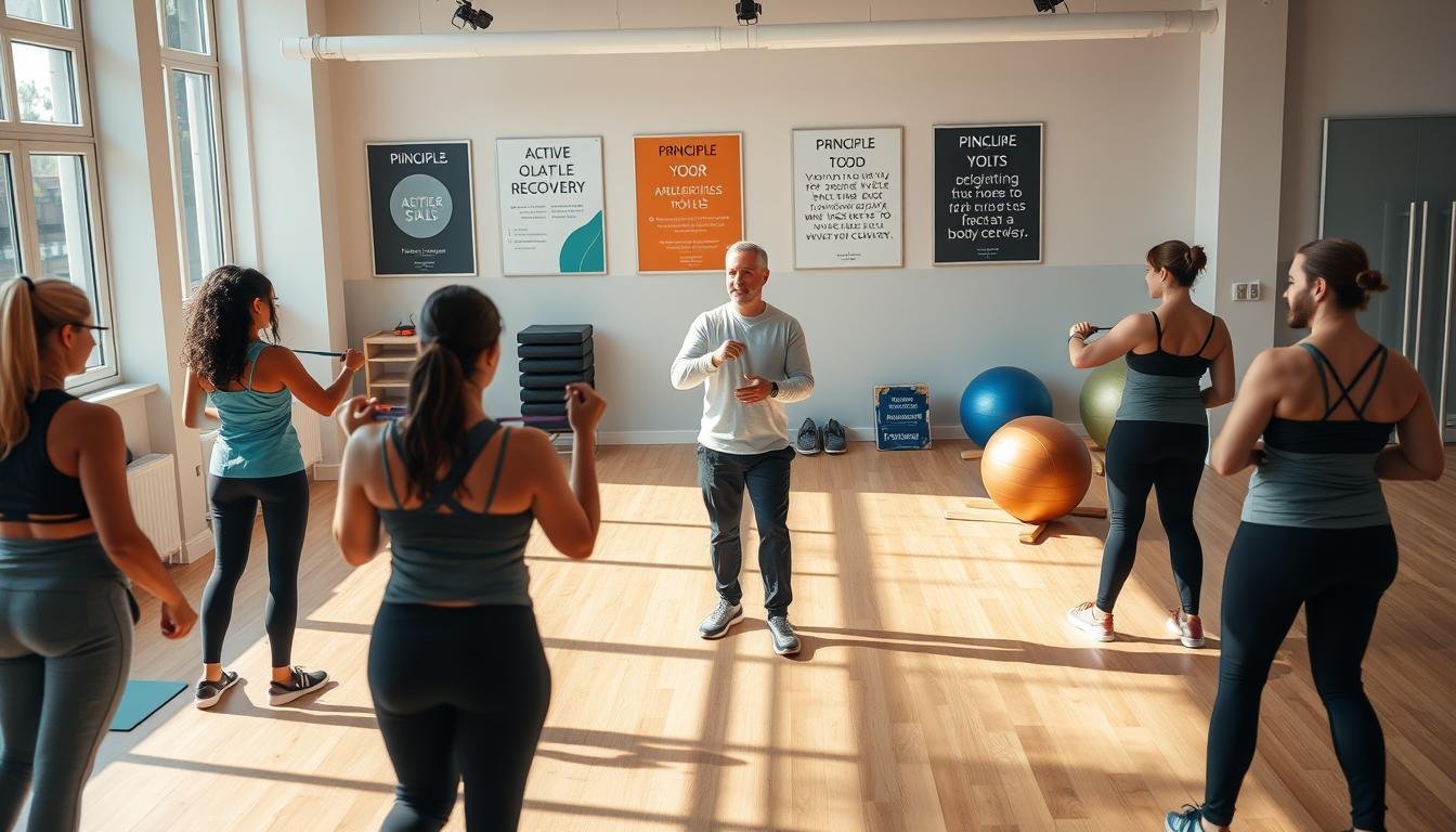 A dynamic and engaging rehabilitation training scene focusing on active recovery principles in physical therapy. In the foreground, a diverse group of individuals, dressed in professional activewear, are engaged in various rehabilitation exercises that emphasize proper body alignment and strength. In the middle ground, a knowledgeable physical therapist demonstrates an exercise, utilizing props like resistance bands and balance balls. The background features a bright, well-equipped rehabilitation studio adorned with motivational posters highlighting principles of active recovery. Soft, natural light pours in through large windows, casting gentle shadows and creating an uplifting atmosphere. The overall mood is one of positivity and determination, showcasing the journey toward recovery and proper body mechanics.