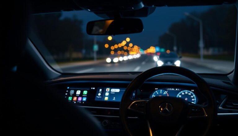 A modern car interior showcasing the CarPlay interface in dark mode, emphasizing sleek design elements. In the foreground, the stylish dashboard displays the CarPlay screen with glowing icons and a dimly lit atmosphere, enhanced by cool blue and soft white tones. In the middle ground, the steering wheel can be seen, made of premium leather, while the ambient lighting reflects a calm nighttime driving experience. The background features a blurred view of passing streetlights outside, hinting at a nighttime cityscape. The scene should be well-lit with soft, diffused lighting that evokes a sense of safety and sophistication. The overall mood is serene and focused, illustrating the importance of dark mode in protecting driver vision during nighttime driving.