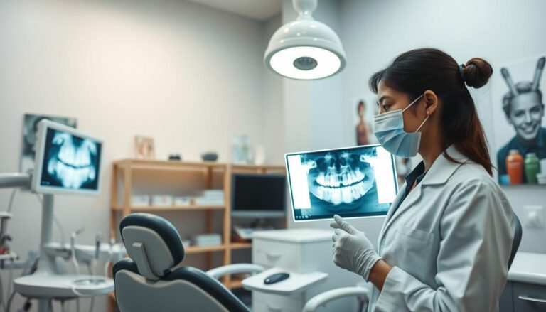 A modern dental clinic setting focusing on a dental treatment scene. In the foreground, a professional dentist in a white coat, wearing a mask and gloves, examines a patient's dental x-ray on a light box, looking thoughtful. The middle ground features an examination chair, equipped with dental tools and a bright overhead light illuminating the area. In the background, shelves neatly stocked with dental supplies and posters on dental health adorn the walls, enhancing the educational atmosphere. Soft lighting creates a calm, reassuring mood, while the angle captures the action from slightly above, emphasizing the dentist's expertise and focus on dental care. The image conveys professionalism and an informative environment, suitable for dental discussions.