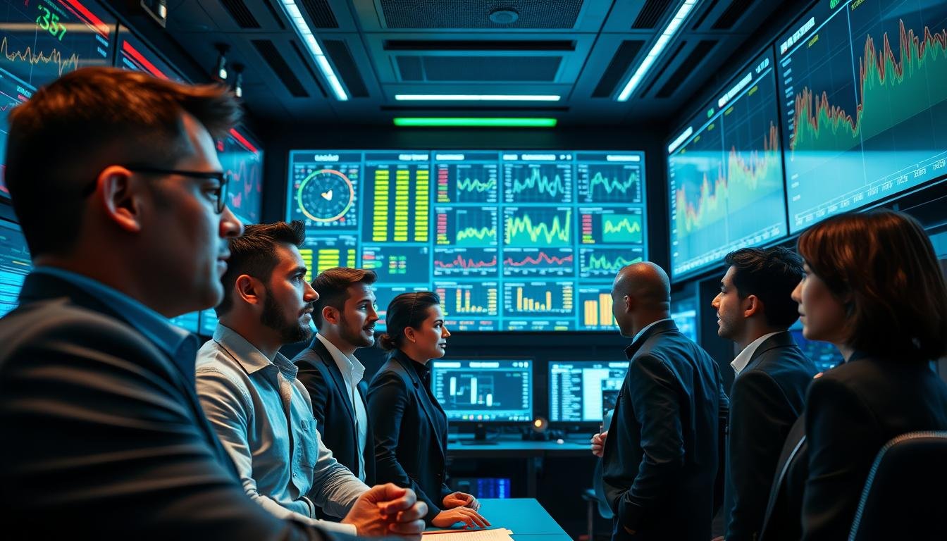 A modern, high-tech control room filled with advanced screens and data displays, showcasing real-time analytics and graphs related to online betting. In the foreground, a diverse group of professionals in business attire collaborates, analyzing data streams, with focused expressions on their faces. The middle ground features large digital panels displaying fluctuating statistics and performance metrics, glowing with bright colors, indicating high activity. The background presents a sleek, futuristic office environment, bathed in cool blue and green lighting to create a sophisticated ambiance. The scene conveys a sense of urgency and efficiency, highlighting the innovative technology used to manage large volumes of online betting transactions seamlessly. The perspective is slightly angled to emphasize the depth of the room, capturing the dynamic interaction among team members and technology.