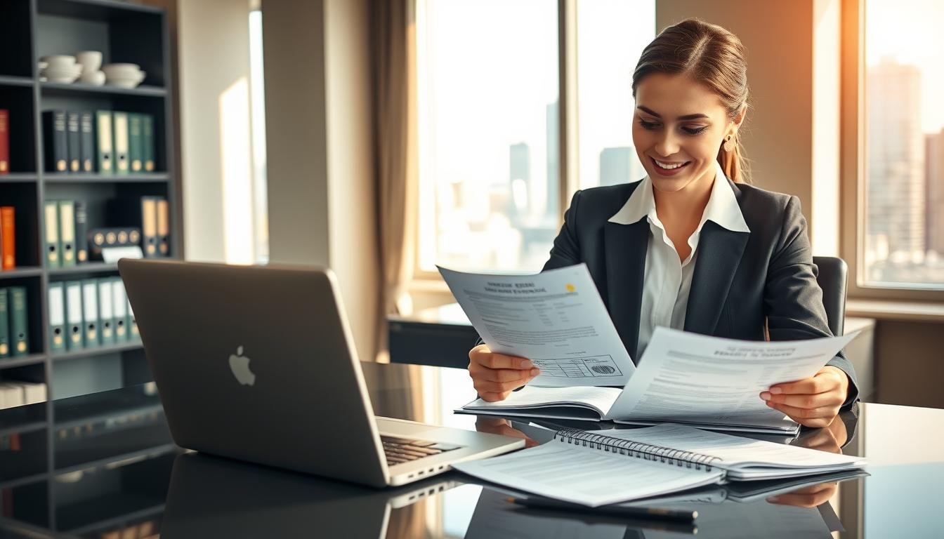 A professional company secretary service scene, featuring a well-dressed woman in a smart business suit sitting at a sleek, modern office desk, reviewing documents and a business registration certificate. In the foreground, a laptop is open with spreadsheets visible on the screen, symbolizing organization and efficiency. In the middle ground, a bookshelf with neatly arranged legal books and office supplies adds to the atmosphere of professionalism. Soft, natural lighting filters through a large window, casting warm tones and creating a friendly yet professional mood. The background shows an elegant office with a city skyline visible outside, emphasizing a contemporary business environment. The overall atmosphere conveys trust, reliability, and the essential role of a company secretary in ensuring compliance and smooth operations for businesses.