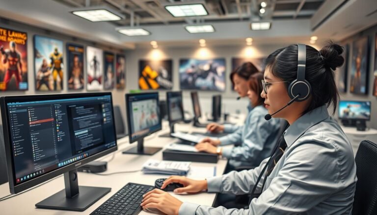 A professional customer support scene for "3A Entertainment City," showcasing a well-organized and modern office environment. In the foreground, a focused customer service representative, dressed in smart business attire, is speaking on a headset while looking at a computer screen filled with game-related queries. In the middle, colleagues collaborate at a sleek, contemporary workstation, with printed materials and gaming consoles visible. The background features a lively office with posters of popular games and an ambiance of soft, warm lighting to create an inviting atmosphere. The composition captures the essence of teamwork and dedication, ensuring players receive immediate assistance for their gaming needs late at night. The overall mood is supportive and professional, emphasizing the commitment of the customer service team to enhance gamers' experiences.