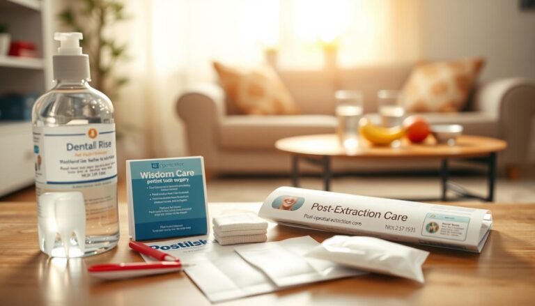 A serene and informative dental care scene focusing on post-operative wisdom tooth extraction care. In the foreground, a close-up of a clean, organized dental care kit including antiseptic mouth rinse, ice packs, gauze pads, and a brochure titled "Post-Extraction Care" laid out neatly. In the middle, a soft-focus view of a comforting home environment, featuring a cozy sofa and a table with fresh fruits and water, symbolizing hydration and nutrition. In the background, warm natural light filters through a window, casting a soothing glow. The atmosphere is calm and encouraging, promoting healing and well-being. The image should convey a sense of care, emphasizing the importance of recovery during the first week post-surgery.
