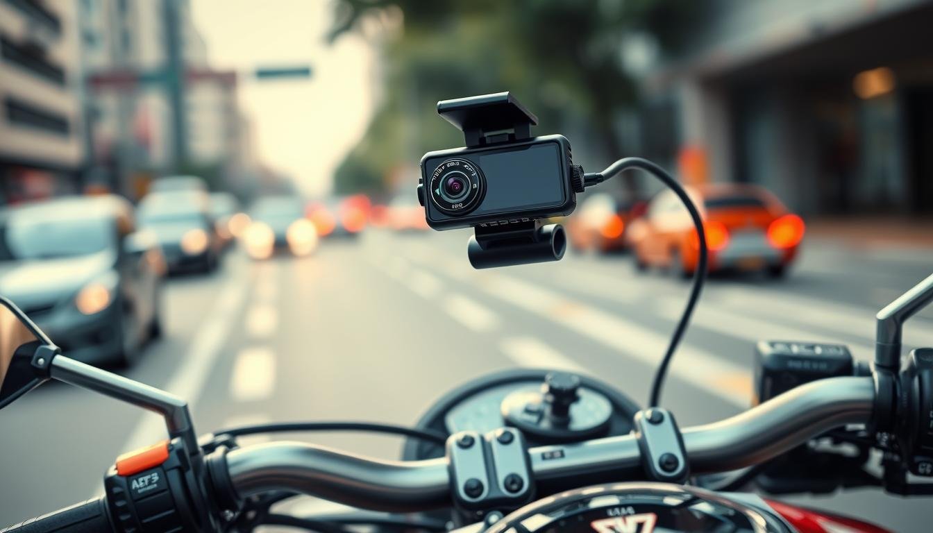 A sleek motorcycle dashcam mounted on the handlebars, capturing real-time video footage. The dashcam is detailed, showcasing buttons and a small LED screen displaying GPS information. The motorcycle is parked in an urban environment, with a blurred city street in the background, hinting at bustling traffic. Soft, natural lighting illuminates the scene, giving a sense of clarity and professionalism. The camera angle is slightly tilted to highlight the dashcam’s features while maintaining the focus on the motorcycle. The atmosphere is technical and informative, reflecting the importance of accurate speed tracking and GPS navigation for resolving traffic disputes. A sense of reliability and precision is conveyed through the composition, emphasizing the functionality of the motorcycle's recording device.