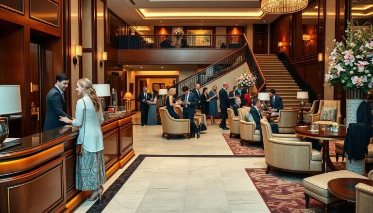 A sophisticated hotel lobby showcasing traditional hotel consumption patterns. In the foreground, a well-dressed couple is checking in at an elegant reception desk, adorned with polished wood and brass accents. In the middle, various guests engage in social conversations, enjoying refreshments at tasteful seating areas framed with rich fabrics and ambient lighting. The background features a grand staircase and meticulously arranged floral displays, creating a sense of luxury and comfort. The soft, warm lighting enhances the welcoming atmosphere, inviting guests to immerse themselves in the experience. Capture this scene from a slightly elevated angle to provide a comprehensive view of the bustling, elegant environment, highlighting the contrast of traditional hotel service in today’s diverse nightlife landscape.