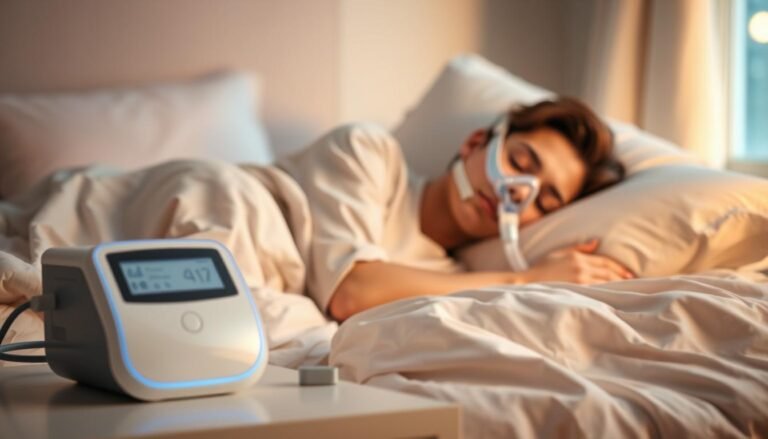 A serene bedroom scene showcasing a person peacefully sleeping while using a CPAP machine. In the foreground, a sleek and modern CPAP device rests on a nightstand, with discreet tubing connected to a comfortable mask gently positioned on the sleeper’s face. The middle ground features the tranquil figure, a person in light, modest sleepwear, resting on a plush pillow, surrounded by soft, ambient lighting that creates a warm and calming atmosphere. The background reveals a cozy room with soothing pastel colors, soft textures on bedding, and a window revealing soft moonlight. The overall mood is tranquil, emphasizing improved sleep quality and the benefits of innovative sleep technology. Use a soft focus lens to enhance the peaceful ambiance, creating a lullaby-like effect.