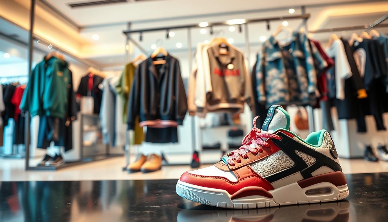 A chic display of trendy American fashion items including fashionable clothing and popular sneakers, set in an upscale shopping environment. In the foreground, a stylish pair of sneakers with unique designs and vibrant colors. In the middle, a selection of eye-catching clothing pieces on elegant hangers, showcasing the latest trends in streetwear. The background features a modern boutique interior with soft lighting and a sleek layout. Capture the essence of a shopping experience filled with exclusivity and excitement, evoking a sense of aspiration and allure. The atmosphere should feel uplifting and inspiring, promoting the idea of unique advantages in purchasing these fashion items. Use a wide-angle lens to emphasize depth, and employ bright, natural lighting for a fresh and inviting look.