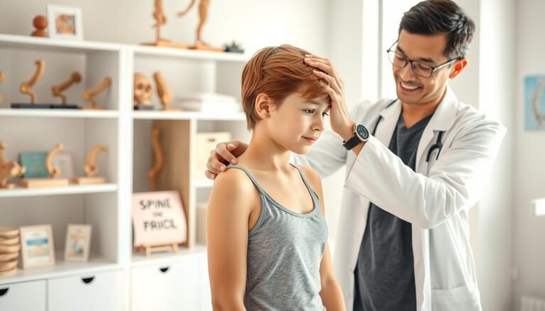 A confident young adolescent with light brown hair, wearing a modest athletic outfit, stands in a bright therapy room, demonstrating a spinal adjustment technique under the guidance of a focused chiropractor in a white lab coat. The chiropractor, a middle-aged Asian male with glasses, gently adjusts the adolescent's posture while explaining the process. In the background, shelves filled with anatomical models and spine-related educational materials create an informative atmosphere. Soft, natural light filters through a window, casting a calming glow over the scene. The emphasis is on the professional and caring approach of the chiropractor, highlighting the importance of proper techniques in correcting mild scoliosis in youth.