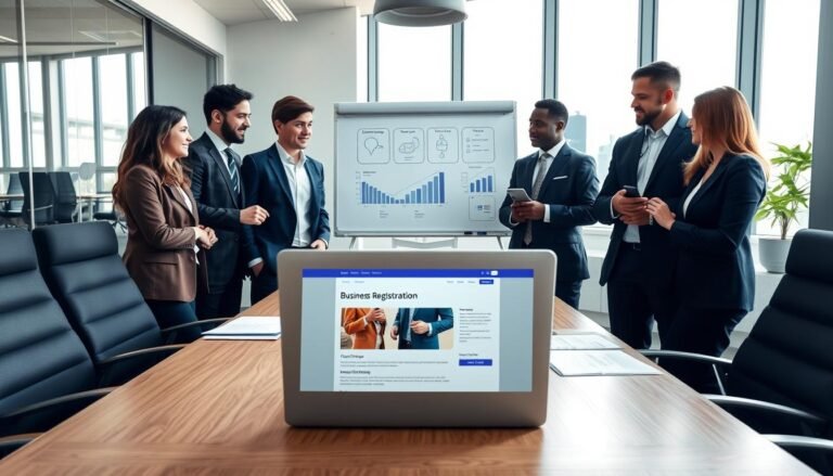 A professional business meeting scene set in a modern office environment, conveying a sense of collaboration and compliance. In the foreground, a diverse group of individuals, dressed in smart business attire, are engaging in a discussion, with one person pointing towards a legal document on the table. The middle ground features an open laptop displaying a business registration website, while a whiteboard in the background illustrates compliance strategies with charts and graphs. Natural light streams in through large windows, creating a bright and inviting atmosphere. The camera angle is slightly elevated, capturing the dynamics of teamwork and professionalism. The mood is focused and optimistic, highlighting the importance of legal business practices in the U.S.代理購業者.