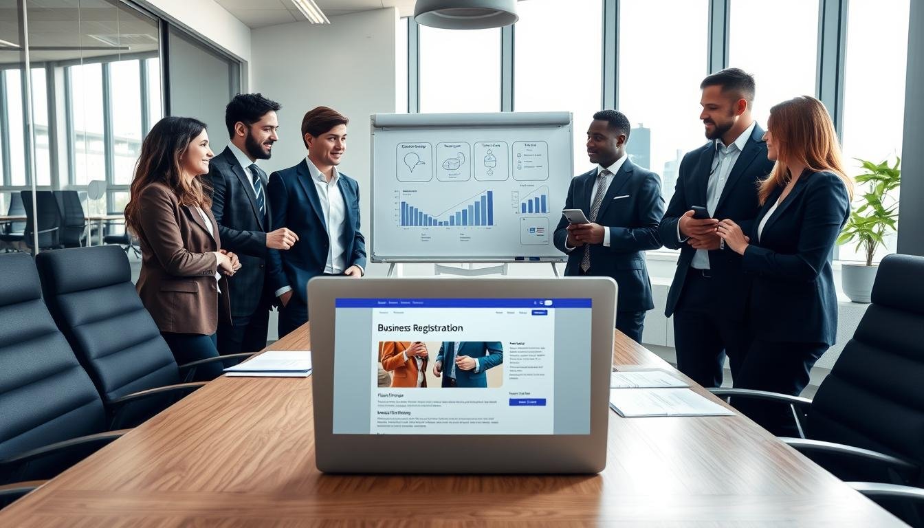 A professional business meeting scene set in a modern office environment, conveying a sense of collaboration and compliance. In the foreground, a diverse group of individuals, dressed in smart business attire, are engaging in a discussion, with one person pointing towards a legal document on the table. The middle ground features an open laptop displaying a business registration website, while a whiteboard in the background illustrates compliance strategies with charts and graphs. Natural light streams in through large windows, creating a bright and inviting atmosphere. The camera angle is slightly elevated, capturing the dynamics of teamwork and professionalism. The mood is focused and optimistic, highlighting the importance of legal business practices in the U.S.代理購業者.