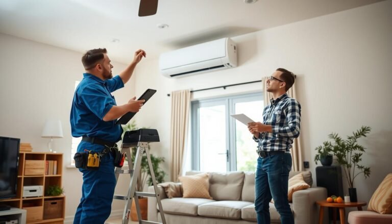A technician in a well-lit living room, wearing a blue uniform, is inspecting a modern air conditioning unit mounted on the wall. In the foreground, the technician is on a step ladder, holding a toolkit and looking attentively at the AC unit. In the middle ground, a customer, dressed in casual but neat clothing, watches closely while taking notes, portraying their involvement in the repair process. The background features a cozy, clean room with soft natural lighting coming from a nearby window, highlighting the technical equipment and installation tools. The mood is collaborative and focused, emphasizing the importance of customer participation in the repair process.