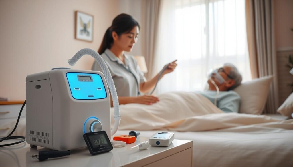 A serene indoor setting showcasing a well-organized home care environment focused on respiratory support. In the foreground, a modern CPAP (sleep apnea machine) with soft blue LED lights is seamlessly integrated with various home care tools, such as a blood pressure monitor and a nebulizer. Several health care tools are neatly arranged on a bedside table. In the middle, a caregiver of Asian descent, wearing modest casual clothing, is attentively adjusting the CPAP machine for a patient. The background features calming pastel wall colors and soft natural lighting filtering through sheer curtains, creating a warm atmosphere. The scene embodies compassion and professionalism in home health care, emphasizing harmony between technology and daily living.