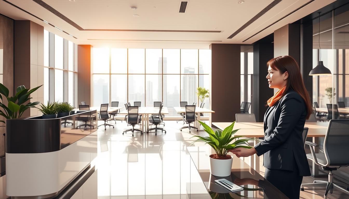 A vibrant office space for rent in Wan Chai, reflecting the modern business environment of Hong Kong. In the foreground, a stylish reception area with a sleek desk and plants, where a professional woman in smart business attire is welcoming a client. The middle shows a spacious open-plan office with contemporary desks, ergonomic chairs, and large windows letting in bright, natural light. In the background, the iconic Wan Chai skyline is visible through the windows, showcasing tall skyscrapers and a bustling city atmosphere. The lighting is bright and inviting, creating a productive mood. The image captures the essence of a dynamic workspace appealing to small and medium enterprises looking to establish themselves in a prime location.